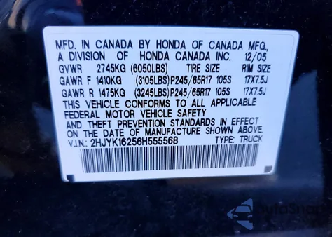 2006 Honda Ridgeline Rt from USA, damaged, VIN 2HJYK16256H555568